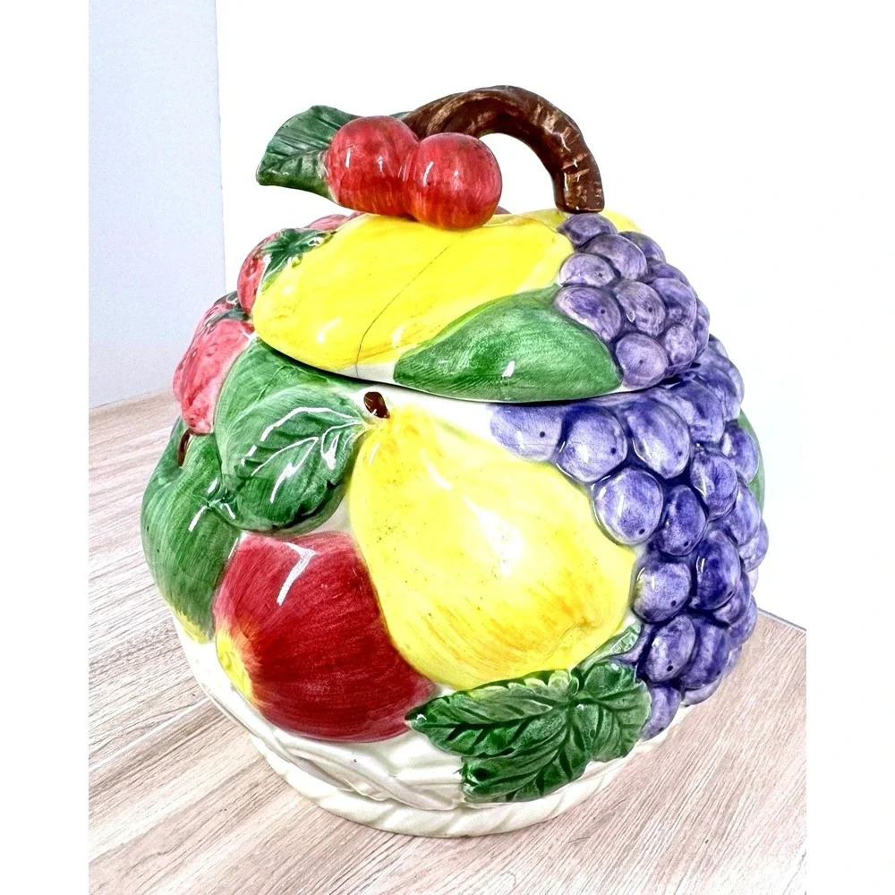 Otagiri‎ Japan Fruit Basket Cookie Jar Ceramic Apple Grape Strawberry READ